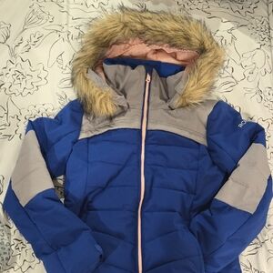 Blue and Gray Kids Jacket with Faux Fur Hood